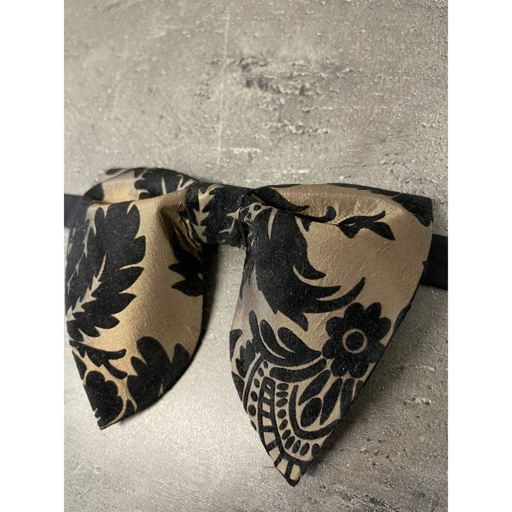 Handmade Oversized Black Brocade Bow tie Vintage style 70`s Wedding Prom